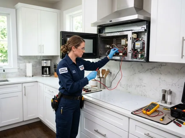 Appliance Repair Hero technician testing an over-the-range microwave in a Bloomville, NY kitchen